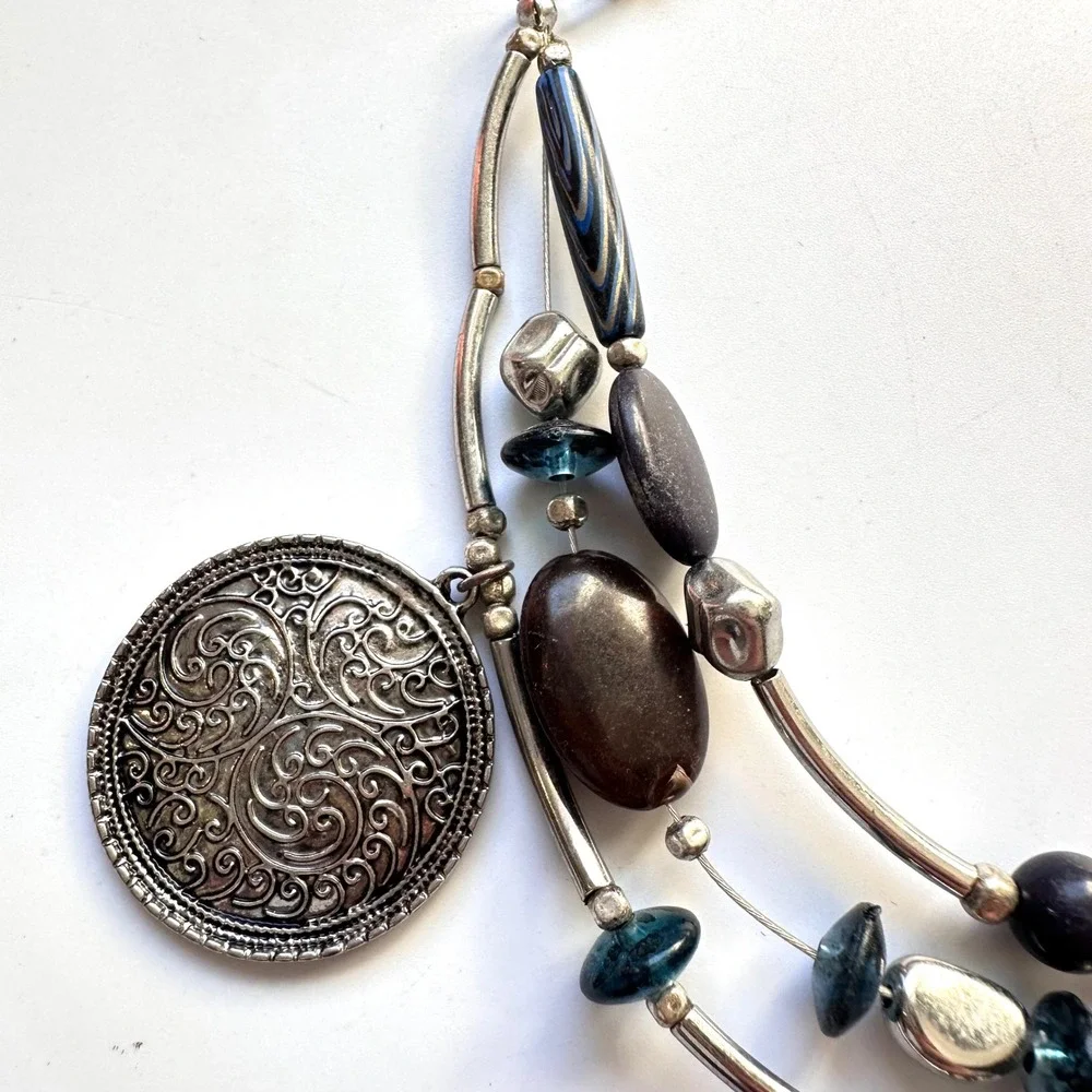 Chico's Silver Tone Layered Beaded Statement Necklace Brown Blue‎ Southwestern